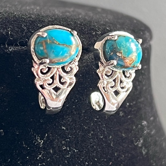 316L SS Vintage Style Scroll Half Hoop Turquoise & Pyrite Earring Pendant Lot - Picture 2 of 7